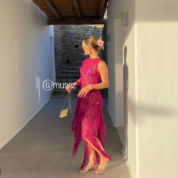 Zara TEXTURED LACE LONG DRESS - Picture 15 of 16